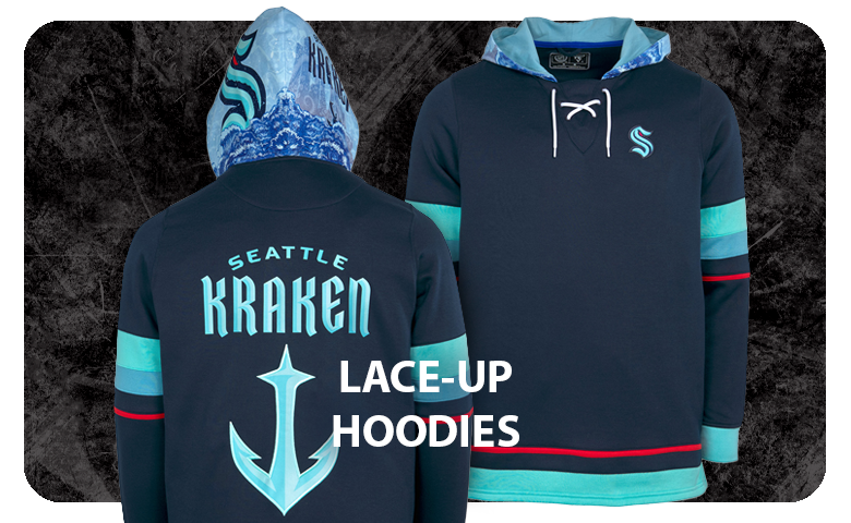 Lace-Up Hoodies - Showcasing the Seattle Kraken lace-up hoodies with their team logo on the back and our custom hood in their team colors for you to enjoy this NHL clothing collection. See more in our catalog.