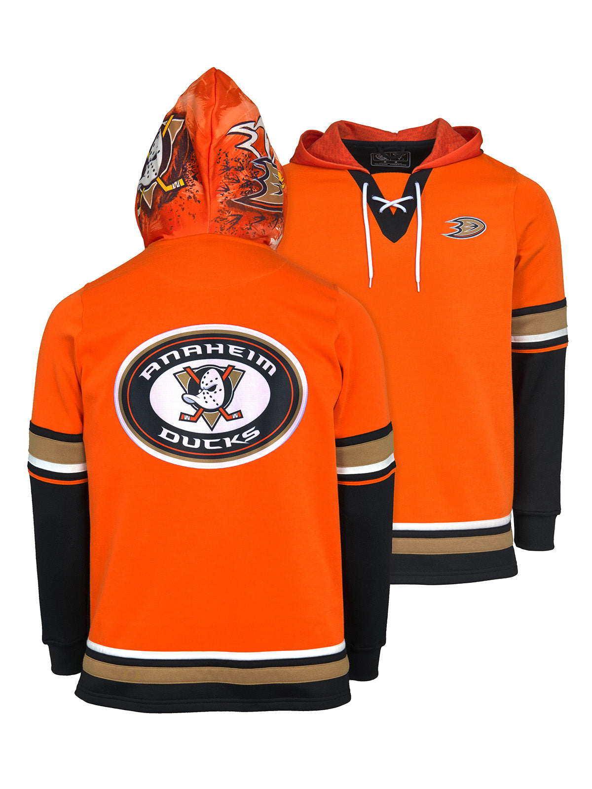 Anaheim Ducks Lace-Up Hoodie - Hand drawn custom hood designs with  all the team colors and craftmanship to replicate the gameday jersey of this NHL hoodie