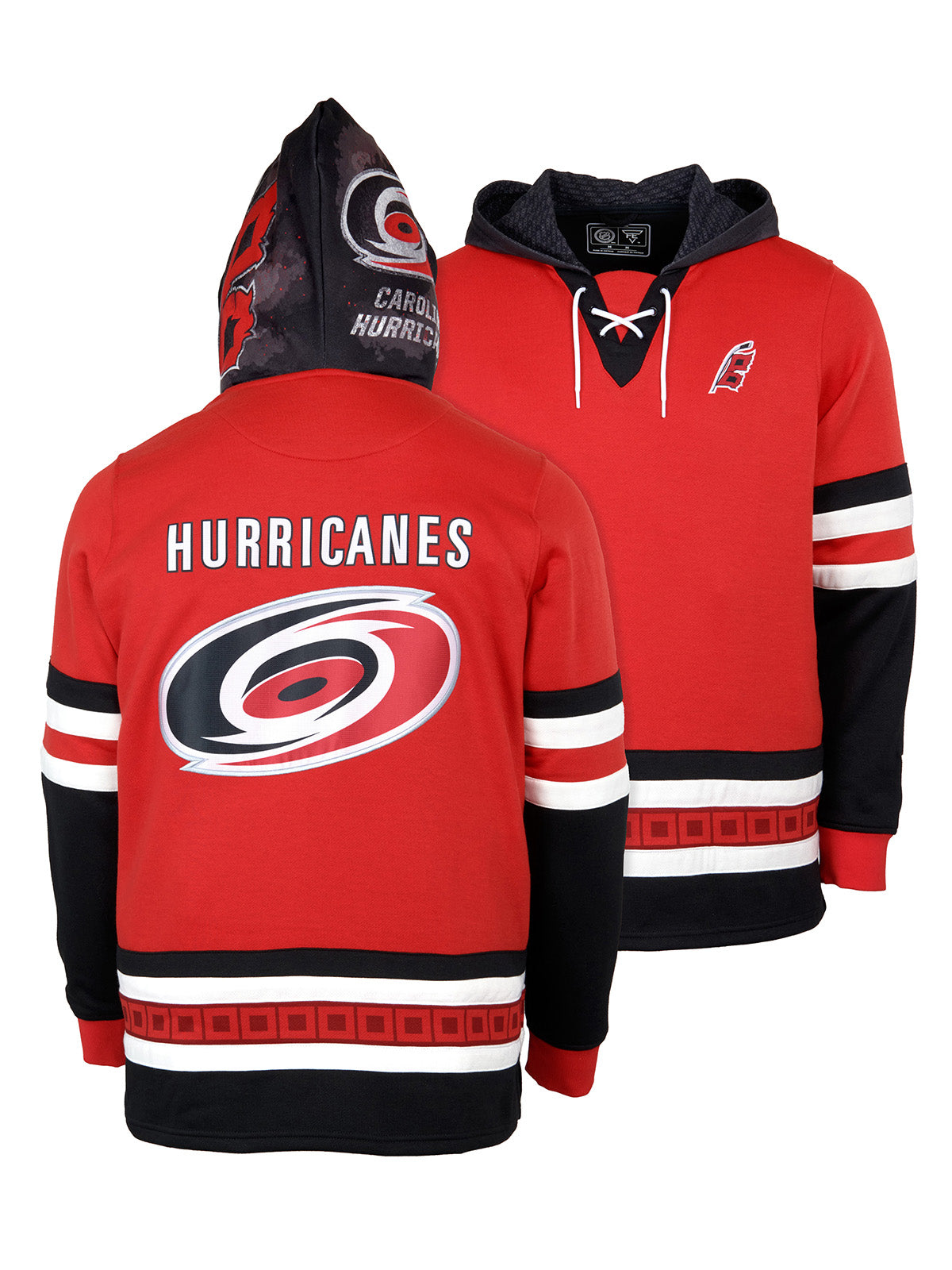 Carolina Hurricanes Lace-Up Hoodie - Hand drawn custom hood designs with all the team colors and craftmanship to replicate the gameday jersey of this NHL hoodie