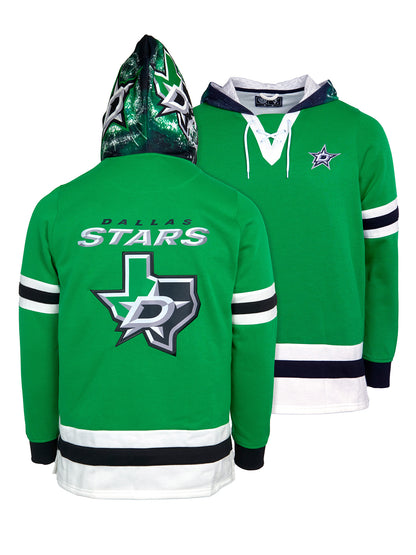 Dallas Stars Lace-Up Hoodie - Hand drawn custom hood designs with all the team colors and craftmanship to replicate the gameday jersey of this NHL hoodie