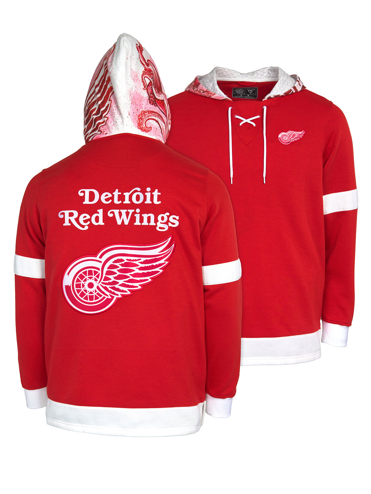 Detroit Red Wings Lace-Up Hoodie - Hand drawn custom hood designs with all the team colors and craftmanship to replicate the gameday jersey of this NHL hoodie