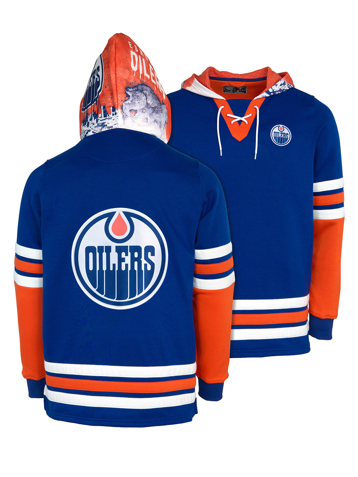 Edmonton Oilers Lace-Up Hoodie - Hand drawn custom hood designs with all the team colors and craftmanship to replicate the gameday jersey of this NHL hoodie
