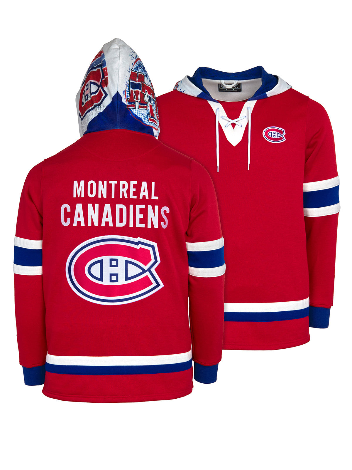 Montreal Canadiens Lace-Up Hoodie - Hand drawn custom hood designs with all the team colors and craftmanship to replicate the gameday jersey of this NHL hoodie