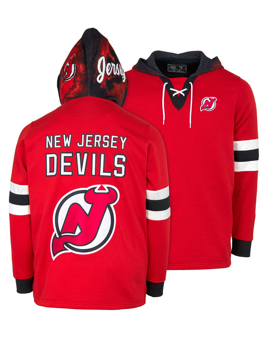 New Jersey Devils Lace-Up Hoodie - Hand drawn custom hood designs with all the team colors and craftmanship to replicate the gameday jersey of this NHL hoodie