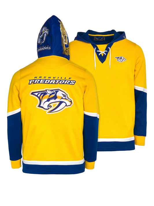 Nashville Predators Lace-Up Hoodie - Hand drawn custom hood designs with all the team colors and craftmanship to replicate the gameday jersey of this NHL hoodie