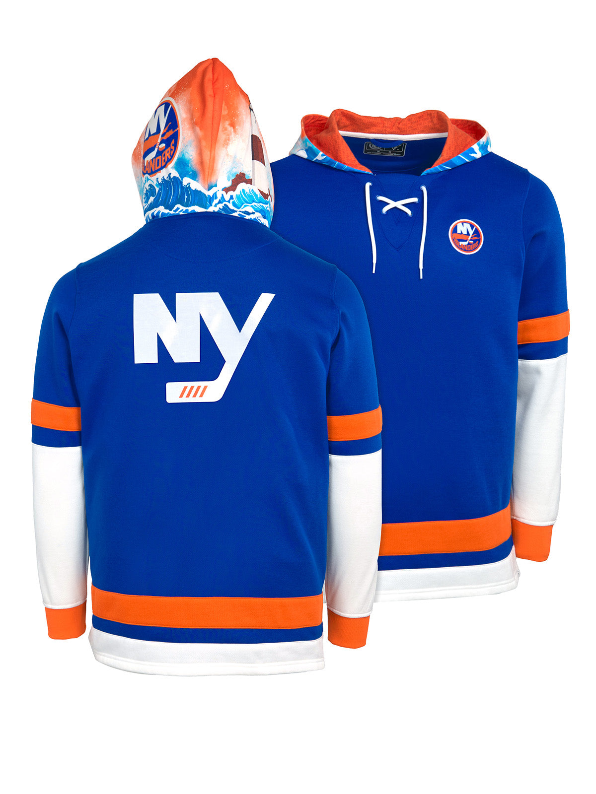 New York Islanders Lace-Up Hoodie - Hand drawn custom hood designs with all the team colors and craftmanship to replicate the gameday jersey of this NHL hoodie
