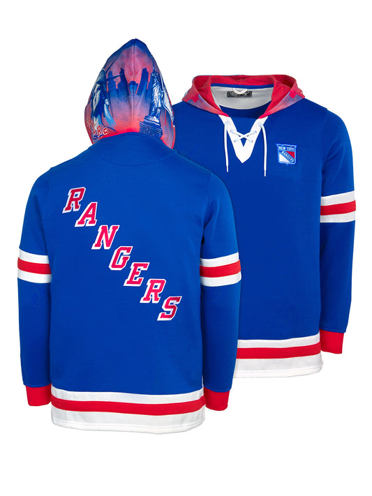 New York Rangers Lace-Up Hoodie - Hand drawn custom hood designs with all the team colors and craftmanship to replicate the gameday jersey of this NHL hoodie