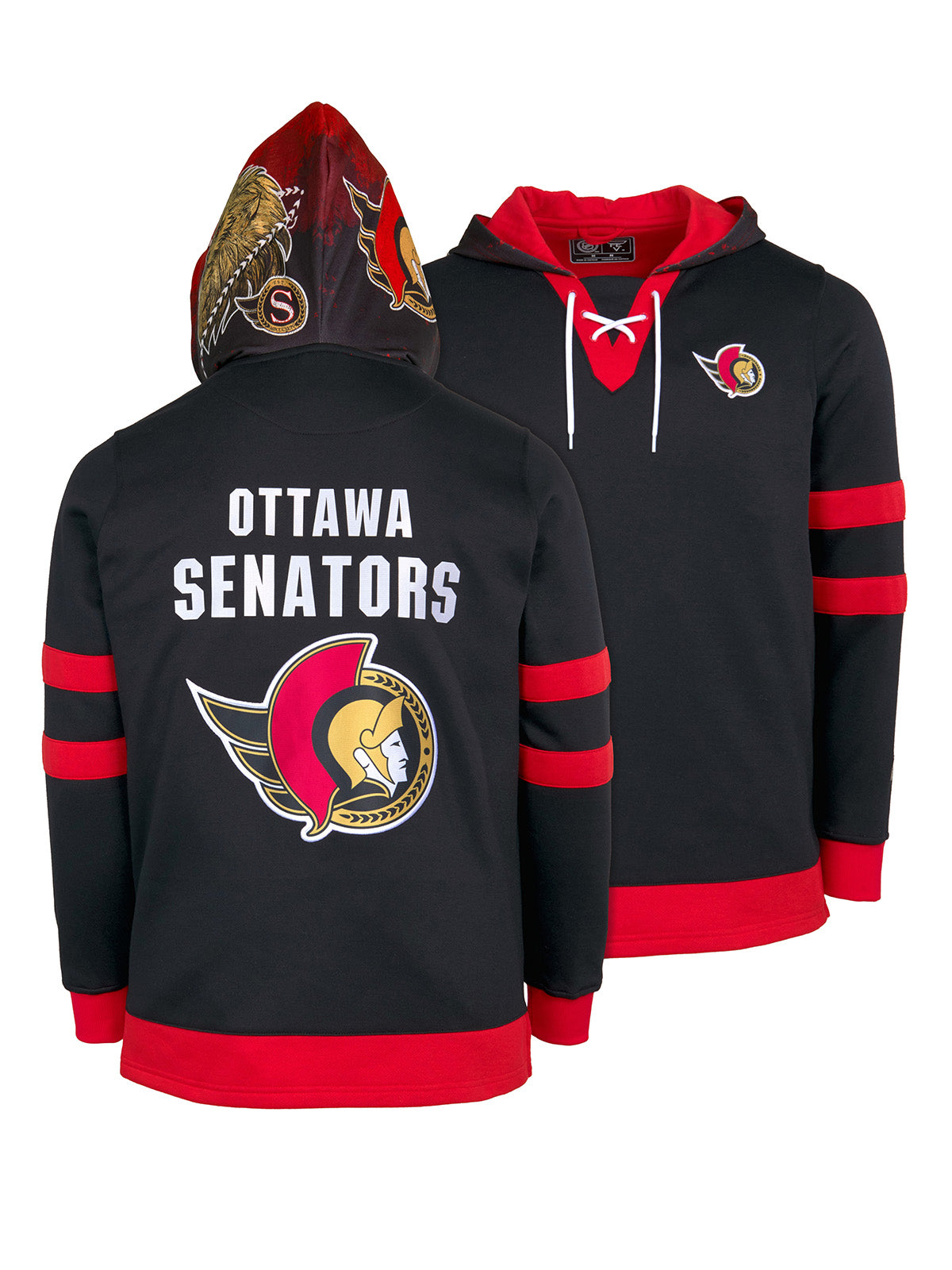 Ottawa Senators Lace-Up Hoodie - Hand drawn custom hood designs with all the team colors and craftmanship to replicate the gameday jersey of this NHL hoodie