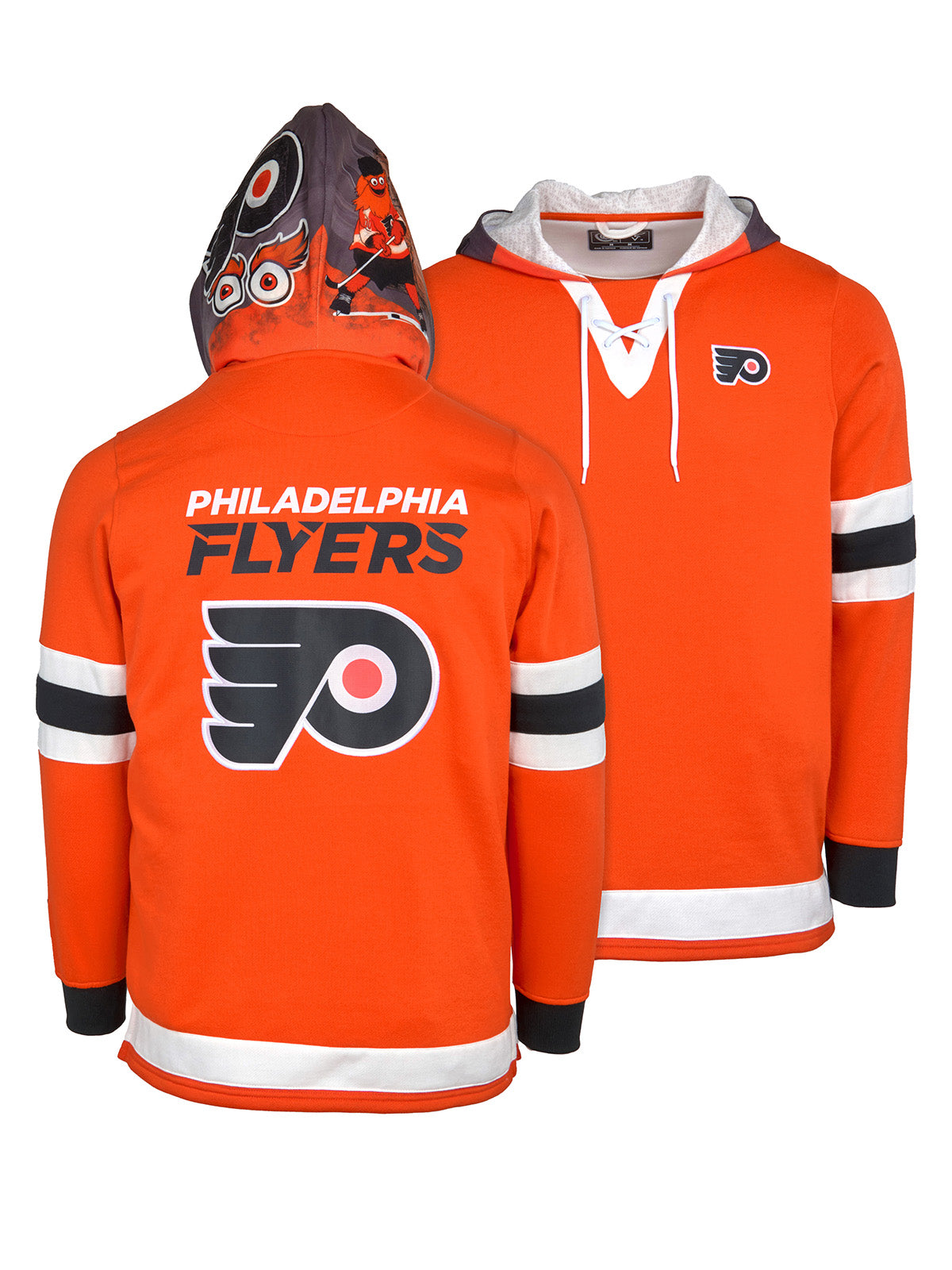 Philadelphia Flyers Lace-Up Hoodie - Hand drawn custom hood designs with all the team colors and craftmanship to replicate the gameday jersey of this NHL hoodie