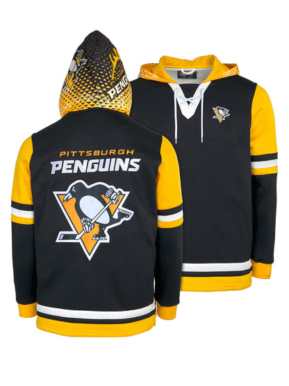 Pittsburgh Penguins Lace-Up Hoodie - Hand drawn custom hood designs with all the team colors and craftmanship to replicate the gameday jersey of this NHL hoodie