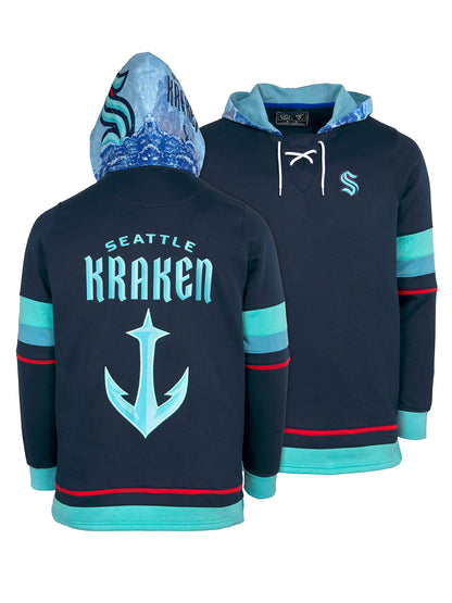 Seattle Kraken Lace-Up Hoodie - Hand drawn custom hood designs with all the team colors and craftmanship to replicate the gameday jersey of this NHL hoodie