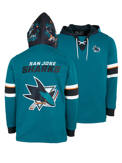 San Jose Sharks Lace-Up Hoodie - Hand drawn custom hood designs with all the team colors and craftmanship to replicate the gameday jersey of this NHL hoodie