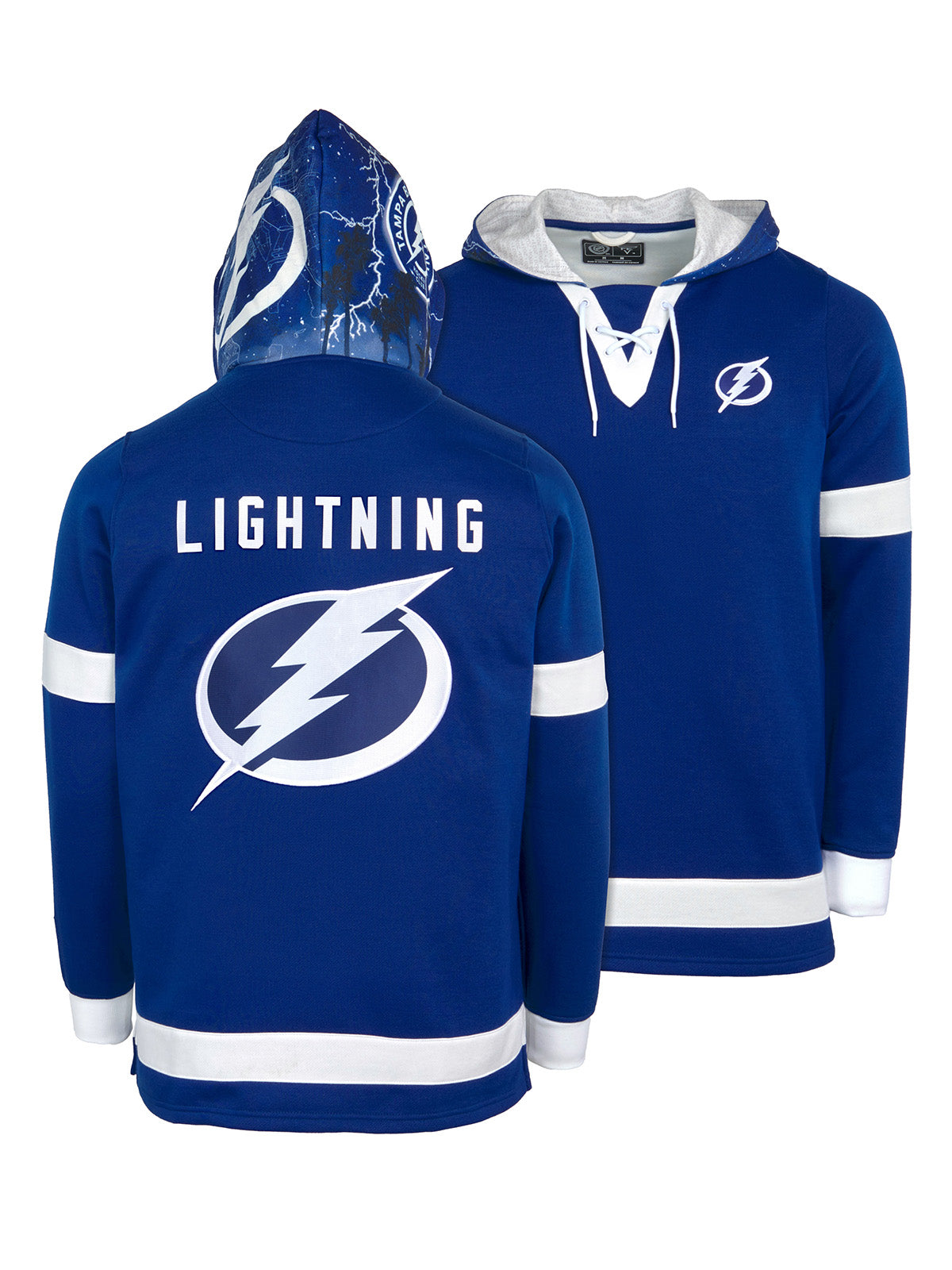 Tampa Bay Lightning Lace-Up Hoodie - Hand drawn custom hood designs with all the team colors and craftmanship to replicate the gameday jersey of this NHL hoodie