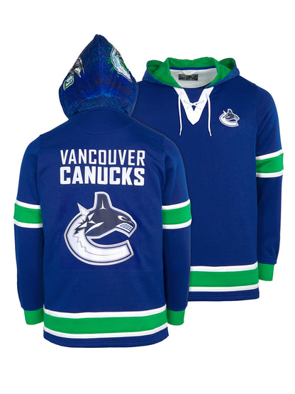 Vancouver Canucks Lace-Up Hoodie - Hand drawn custom hood designs with all the team colors and craftmanship to replicate the gameday jersey of this NHL hoodie