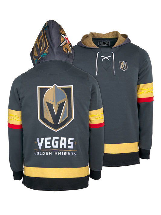 Vegas Golden Knights Lace-Up Hoodie - Hand drawn custom hood designs with all the team colors and craftmanship to replicate the gameday jersey of this NHL hoodie
