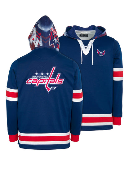 Washington Capitals Lace-Up Hoodie - Hand drawn custom hood designs with all the team colors and craftmanship to replicate the gameday jersey of this NHL hoodie