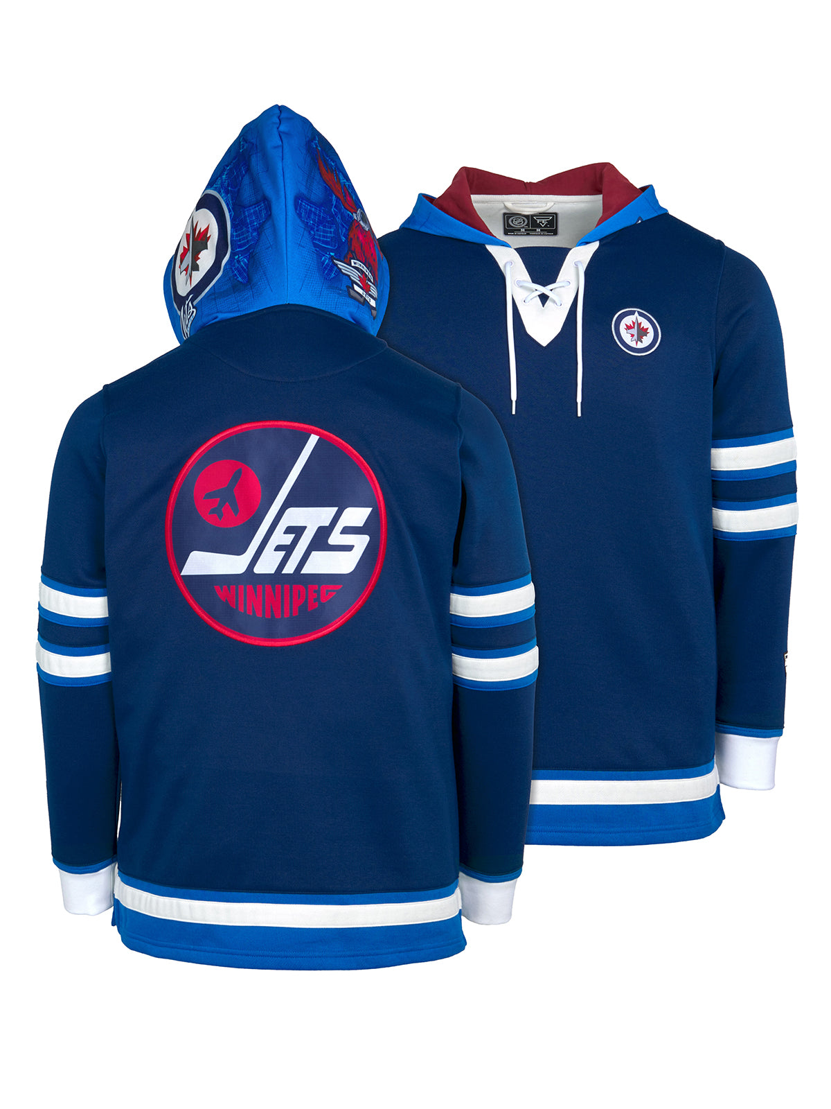 Winnipeg Jets Lace-Up Hoodie - Hand drawn custom hood designs with all the team colors and craftmanship to replicate the gameday jersey of this NHL hoodie