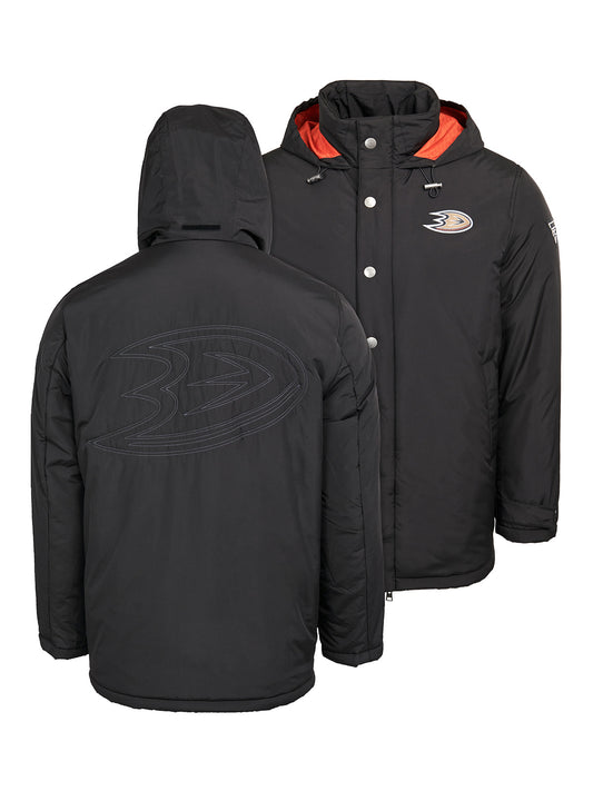 Anaheim Ducks Coach's Jacket - The jacket features a quilted stitch of the Anaheim Ducks logo centered on the back and has a removal hood in the team colors, elevating this NHL hockey clothing collection