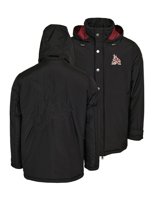 Arizona Coyotes Coach's Jacket - The jacket features a quilted stitch of the Arizona Coyotes logo centered on the back and has a removal hood in the team colors, elevating this NHL hockey clothing collection