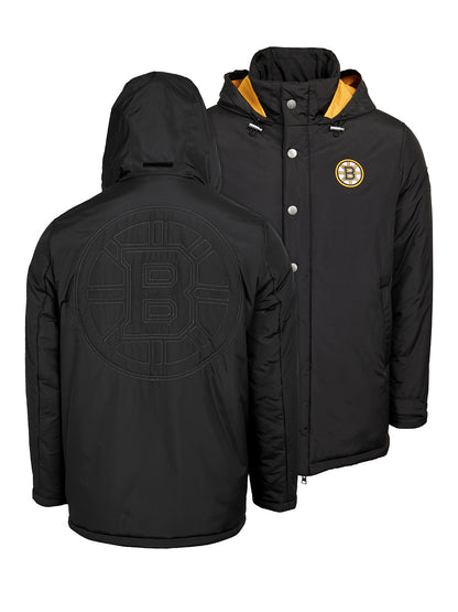 Boston Bruins Coach's Jacket - The jacket features a quilted stitch of the Boston Bruins logo centered on the back and has a removal hood in the team colors, elevating this NHL hockey clothing collection