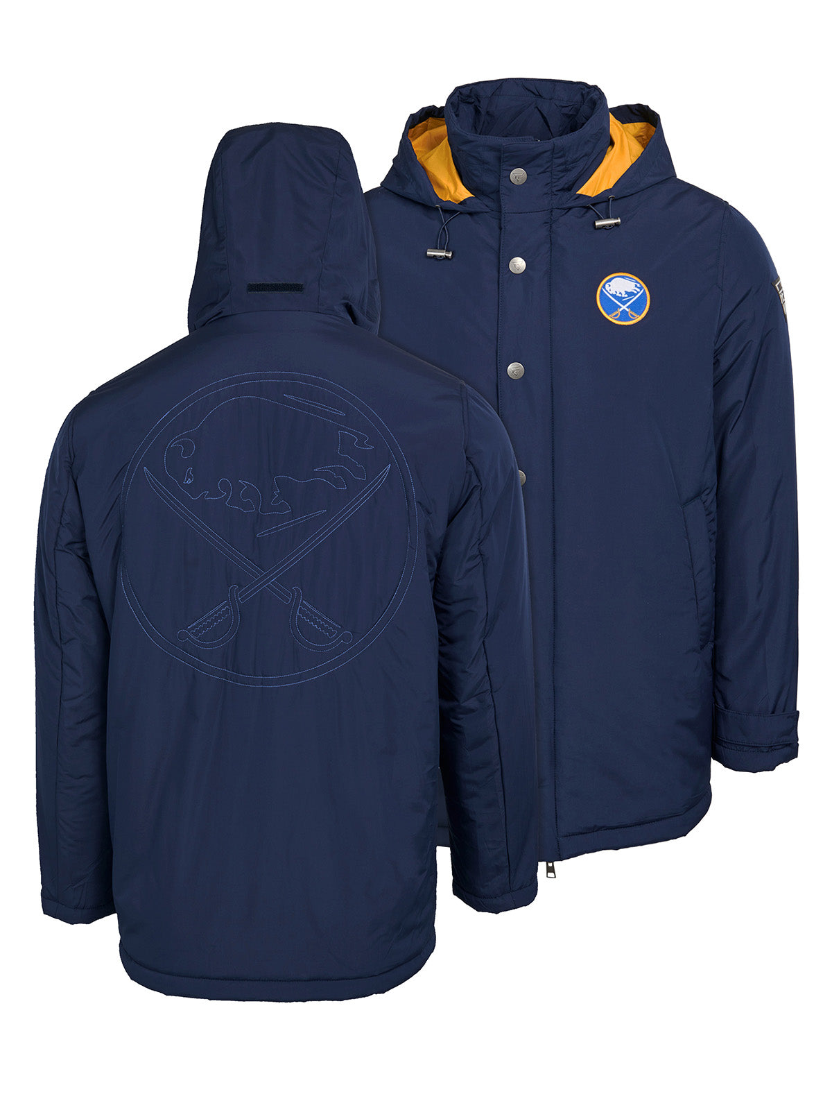 Buffalo Sabres Coach's Jacket - The jacket features a quilted stitch of the Buffalo Sabres logo centered on the back and has a removal hood in the team colors, elevating this NHL hockey clothing collection