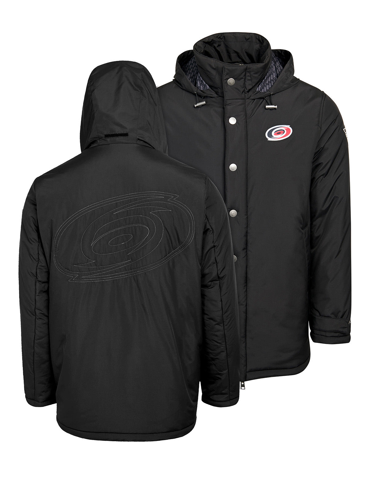 Carolina Hurricanes Coach's Jacket - The jacket features a quilted stitch of the Carolina Hurricanes logo centered on the back and has a removal hood in the team colors, elevating this NHL hockey clothing collection