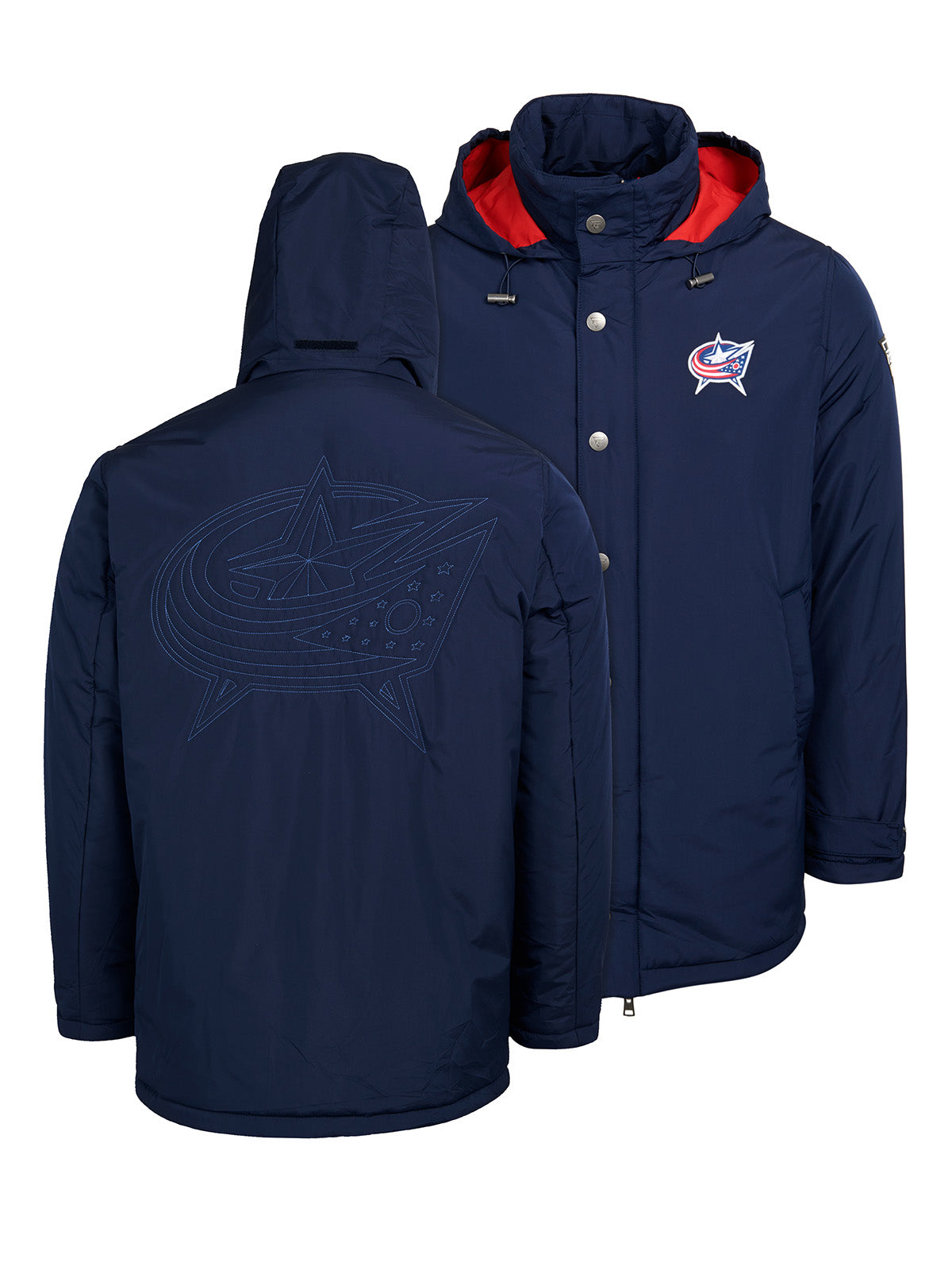 Columbus Blue Jackets Coach's Jacket - The jacket features a quilted stitch of the Columbus Blue Jackets logo centered on the back and has a removal hood in the team colors, elevating this NHL hockey clothing collection