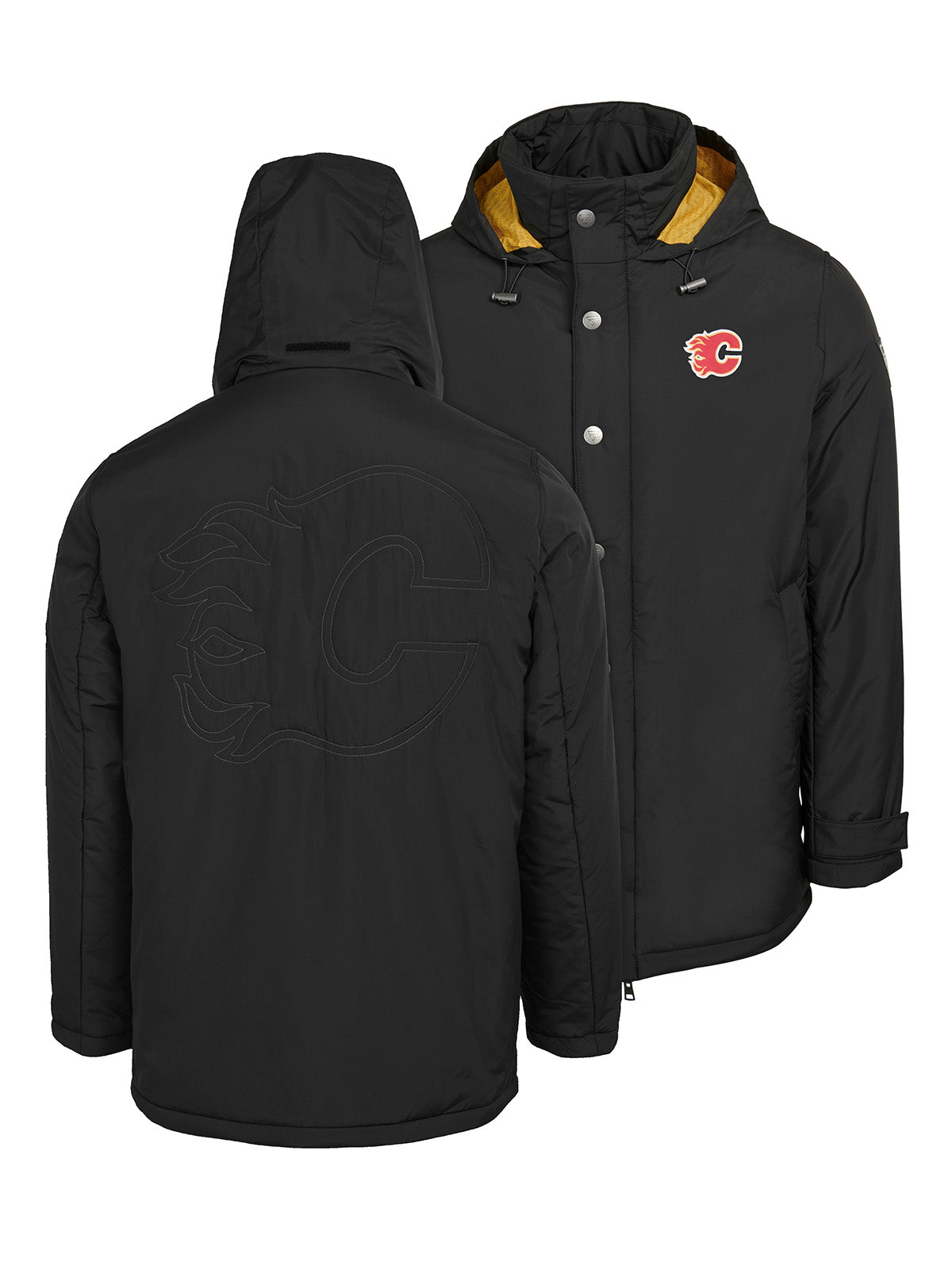 Calgary Flames Coach's Jacket - The jacket features a quilted stitch of the Calgary Flames logo centered on the back and has a removal hood in the team colors, elevating this NHL hockey clothing collection