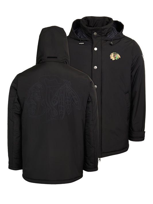 Chicago Blackhawks Coach's Jacket - The jacket features a quilted stitch of the Chicago Blackhawks logo centered on the back and has a removal hood in the team colors, elevating this NHL hockey clothing collection
