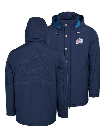 Colorado Avalanche Coach's Jacket - The jacket features a quilted stitch of the Colorado Avalnche logo centered on the back and has a removal hood in the team colors, elevating this NHL hockey clothing collection
