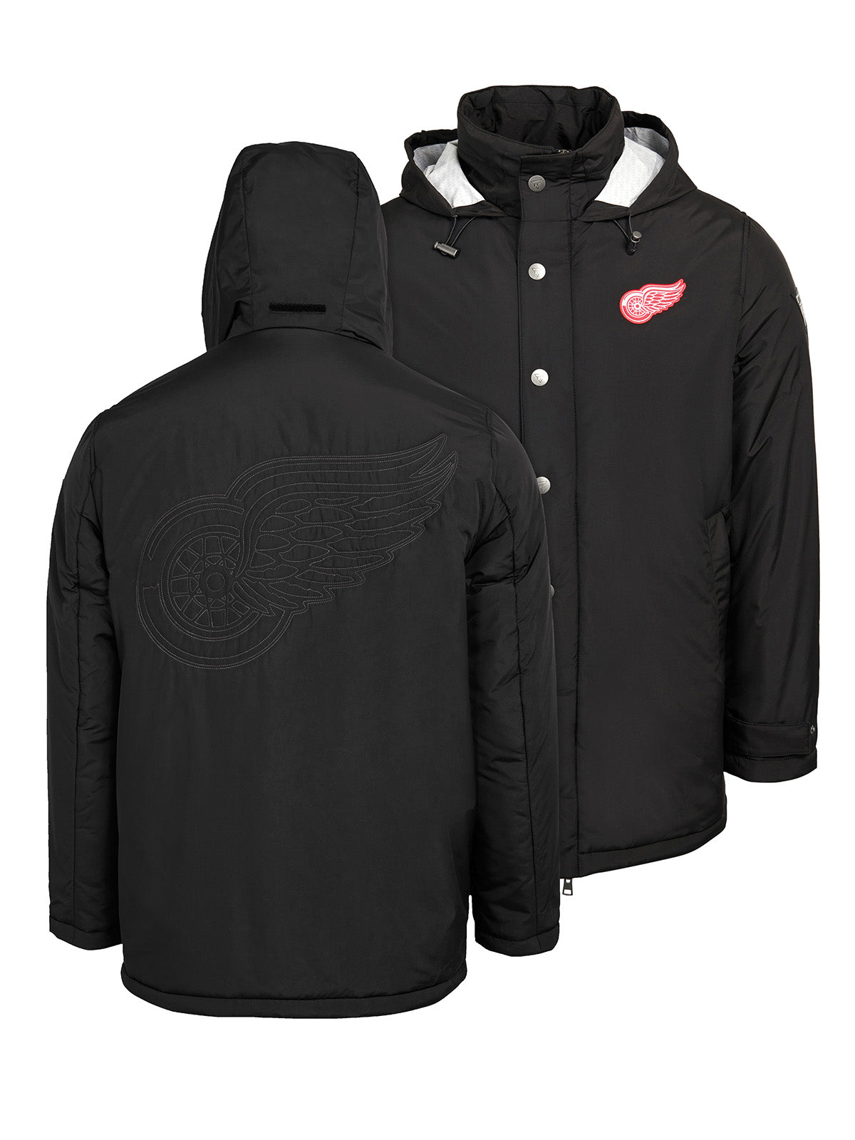 Detroit Red Wings Coach's Jacket - The jacket features a quilted stitch of the Detroit Red Wings logo centered on the back and has a removal hood in the team colors, elevating this NHL hockey clothing collection