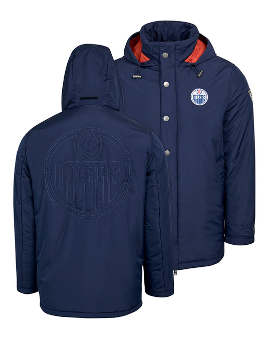 Edmonton Oilers Coach's Jacket - The jacket features a quilted stitch of the Edmonton Oilers logo centered on the back and has a removal hood in the team colors, elevating this NHL hockey clothing collection