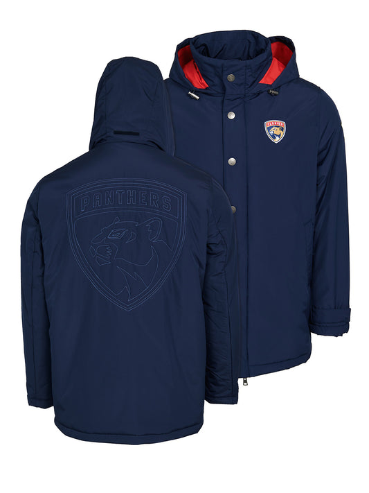 Florida Panthers Coach's Jacket - The jacket features a quilted stitch of the Florida Panthers logo centered on the back and has a removal hood in the team colors, elevating this NHL hockey clothing collection