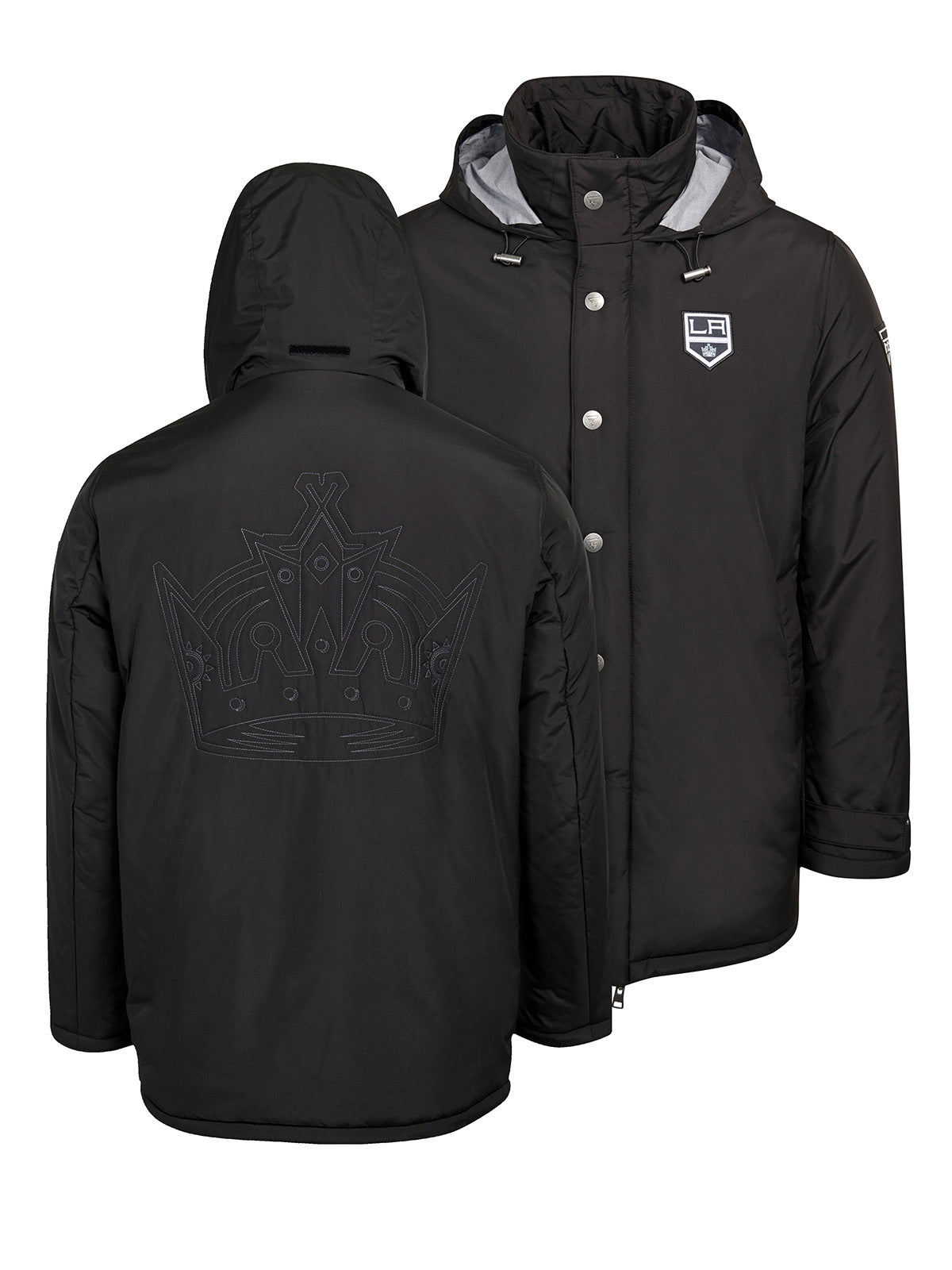 Los Angeles Kings Coach's Jacket - The jacket features a quilted stitch of the Los Angeles Kings logo centered on the back and has a removal hood in the team colors, elevating this NHL hockey clothing collection