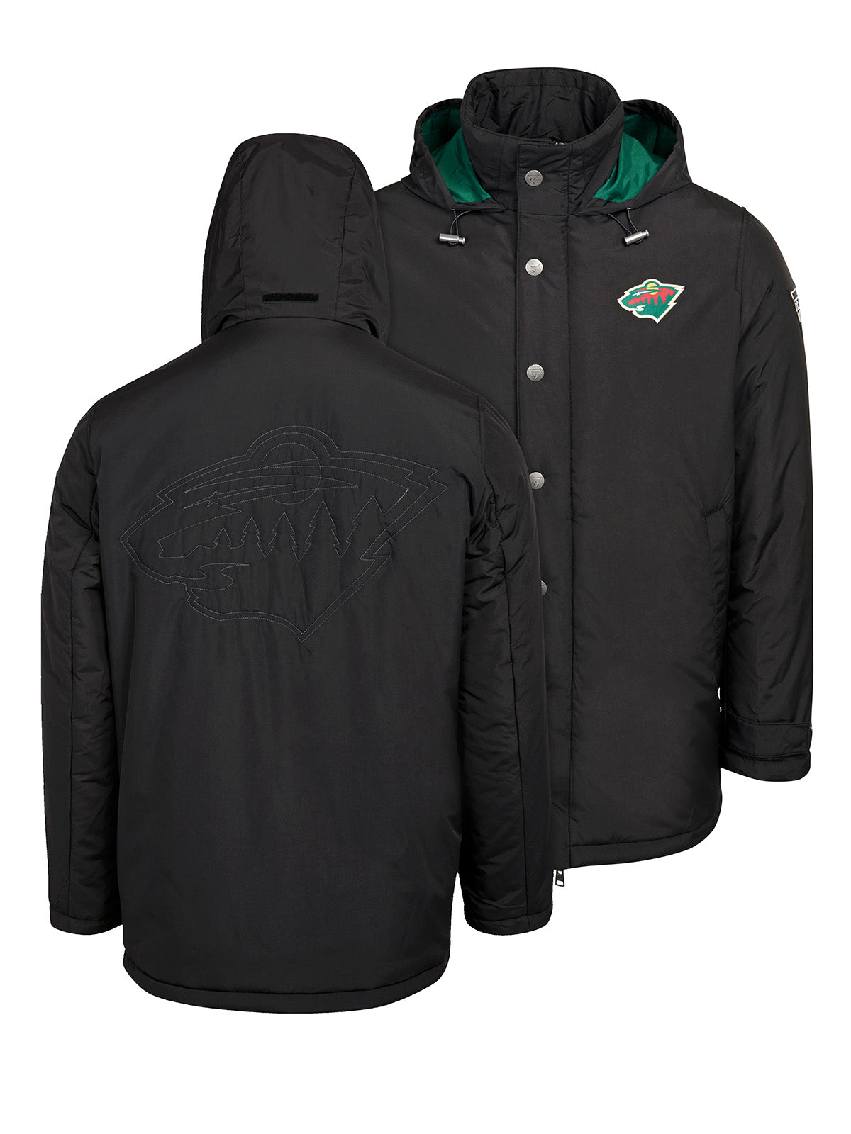 Minnesota Wild Coach's Jacket - The jacket features a quilted stitch of the Minnesota Wild logo centered on the back and has a removal hood in the team colors, elevating this NHL hockey clothing collection