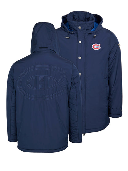Montreal Canadiens Coach's Jacket - The jacket features a quilted stitch of the Montreal Canadiens logo centered on the back and has a removal hood in the team colors, elevating this NHL hockey clothing collection