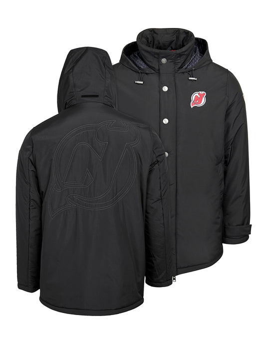 New Jersey Devils Coach's Jacket - The jacket features a quilted stitch of the New Jersey Devils logo centered on the back and has a removal hood in the team colors, elevating this NHL hockey clothing collection