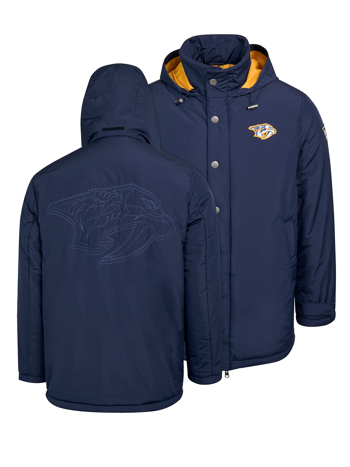 Nashville Predators Coach's Jacket - The jacket features a quilted stitch of the Nashville Predators logo centered on the back and has a removal hood in the team colors, elevating this NHL hockey clothing collection