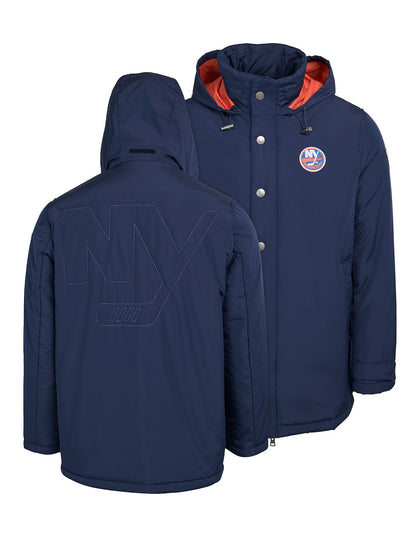 New York Islanders Coach's Jacket - The jacket features a quilted stitch of the New York Islanders logo centered on the back and has a removal hood in the team colors, elevating this NHL hockey clothing collection