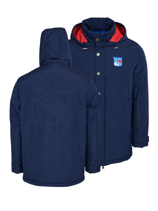 New York Rangers Coach's Jacket - The jacket features a quilted stitch of the New York Rangers logo centered on the back and has a removal hood in the team colors, elevating this NHL hockey clothing collection