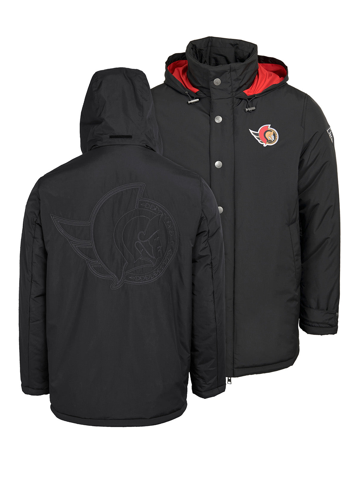 Ottawa Senators Coach's Jacket - The jacket features a quilted stitch of the Ottawa Senators logo centered on the back and has a removal hood in the team colors, elevating this NHL hockey clothing collection