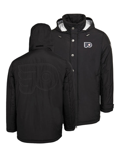 Philadelphia Flyers Coach's Jacket - The jacket features a quilted stitch of the Philadelphia Flyers logo centered on the back and has a removal hood in the team colors, elevating this NHL hockey clothing collection