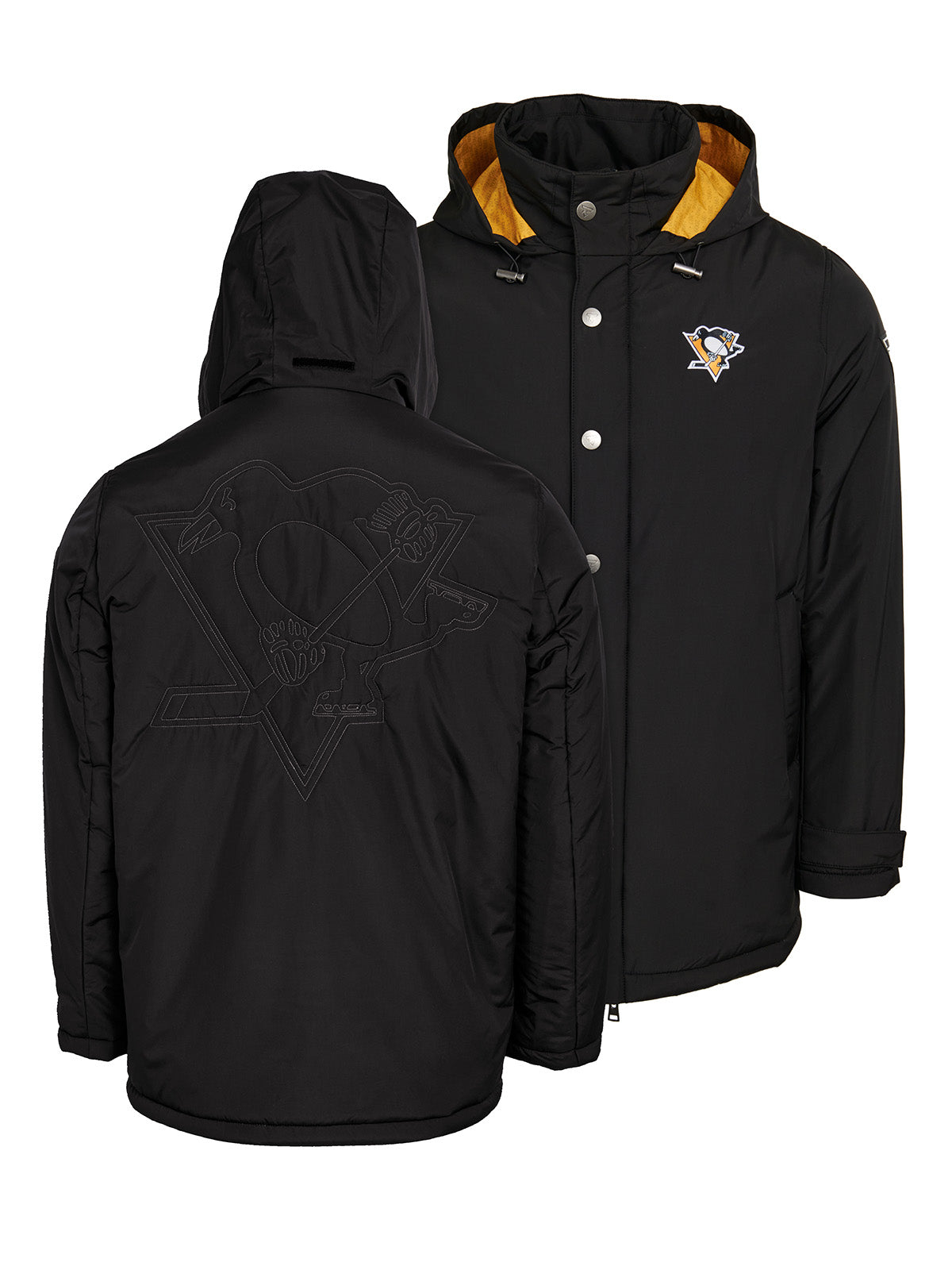 Pittsburgh Penguins Coach's Jacket - The jacket features a quilted stitch of the Pittsburgh Penguins logo centered on the back and has a removal hood in the team colors, elevating this NHL hockey clothing collection
