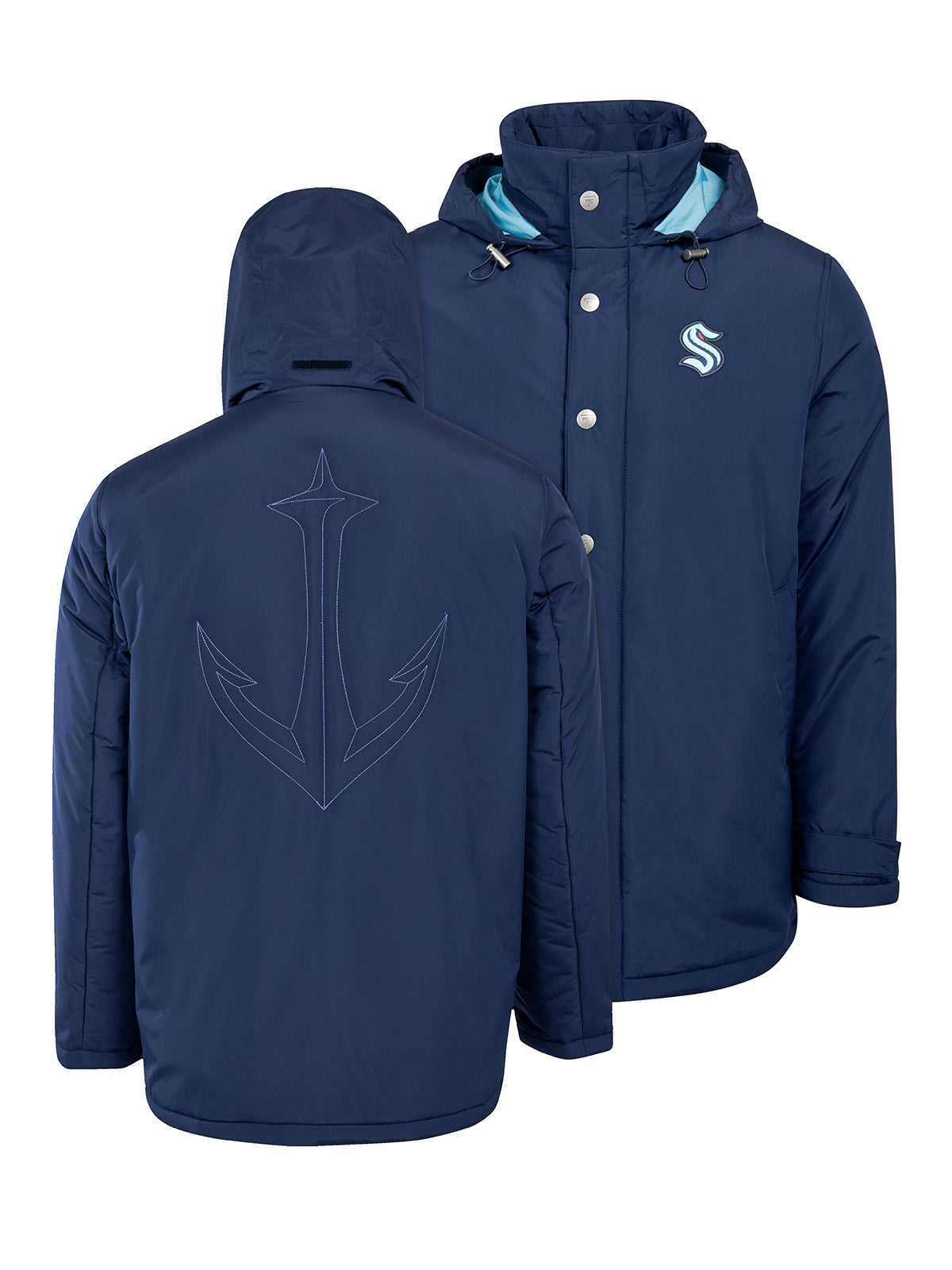 Seattle Kraken Coach's Jacket - The jacket features a quilted stitch of the Seattle Kraken logo centered on the back and has a removal hood in the team colors, elevating this NHL hockey clothing collection