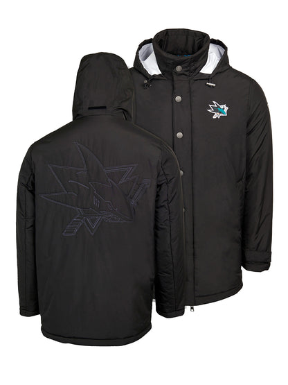 San Jose Sharks Coach's Jacket - The jacket features a quilted stitch of the San Jose Sharks logo centered on the back and has a removal hood in the team colors, elevating this NHL hockey clothing collection