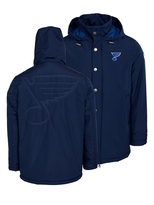 St. Louis Blues Coach's Jacket - The jacket features a quilted stitch of the St. Louis Blues logo centered on the back and has a removal hood in the team colors, elevating this NHL hockey clothing collection