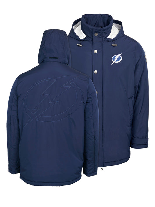 Tampa Bay Lightning Coach's Jacket - The jacket features a quilted stitch of the Tampa Bay Lightning logo centered on the back and has a removal hood in the team colors, elevating this NHL hockey clothing collection