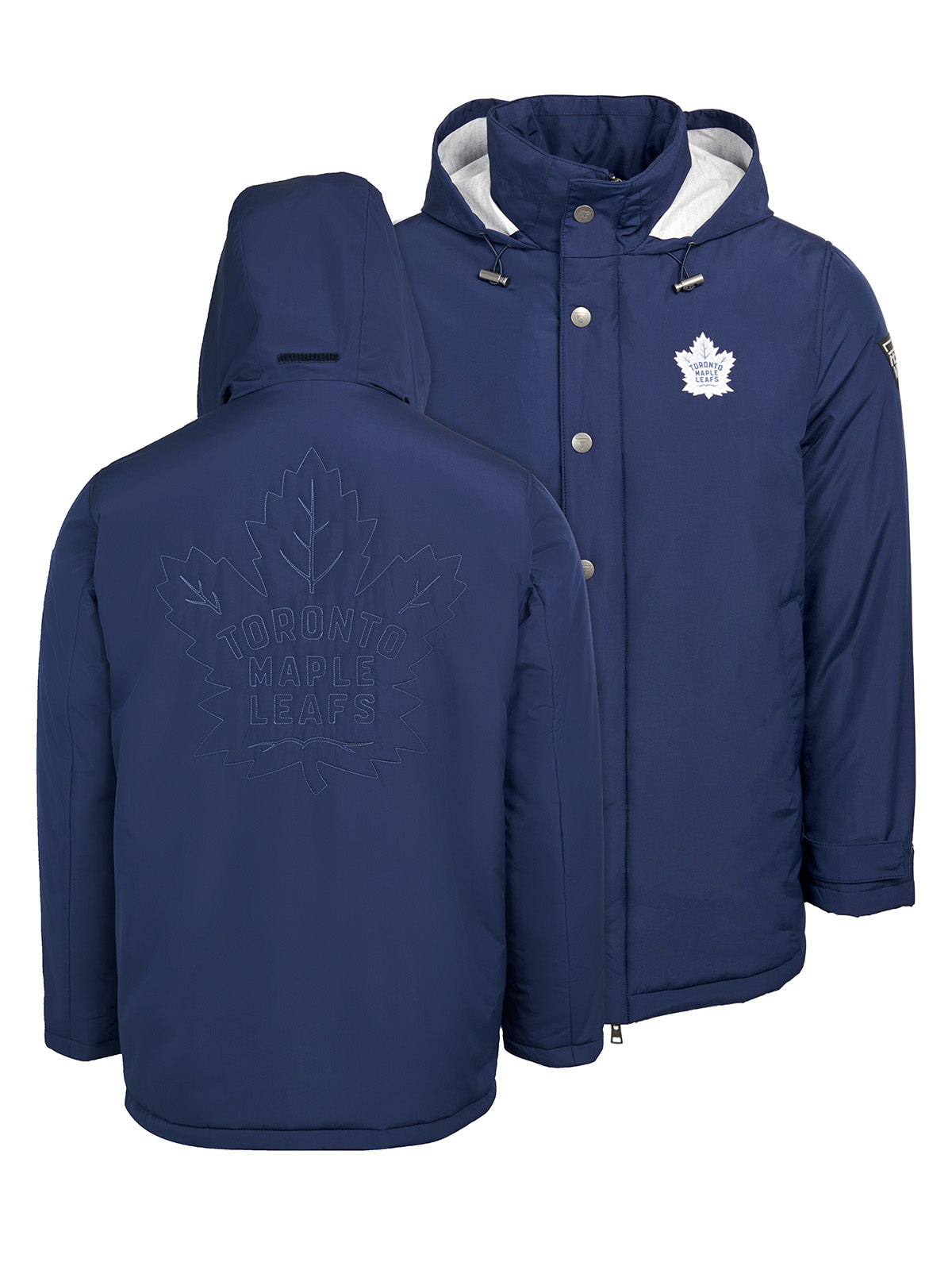 Toronto Maple Leafs Coach's Jacket - The jacket features a quilted stitch of the Toronto Maple Leafs logo centered on the back and has a removal hood in the team colors, elevating this NHL hockey clothing collection