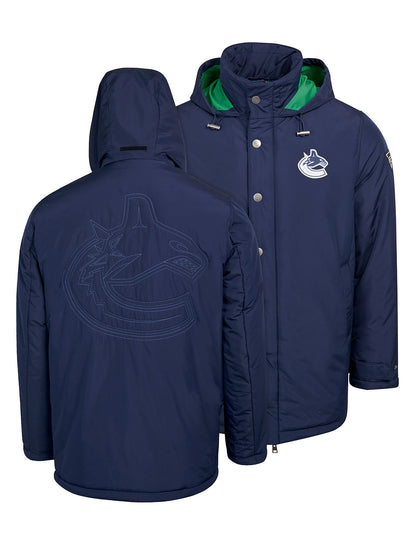 Vancouver Canucks Coach's Jacket - The jacket features a quilted stitch of the Vancouver Canucks logo centered on the back and has a removal hood in the team colors, elevating this NHL hockey clothing collection