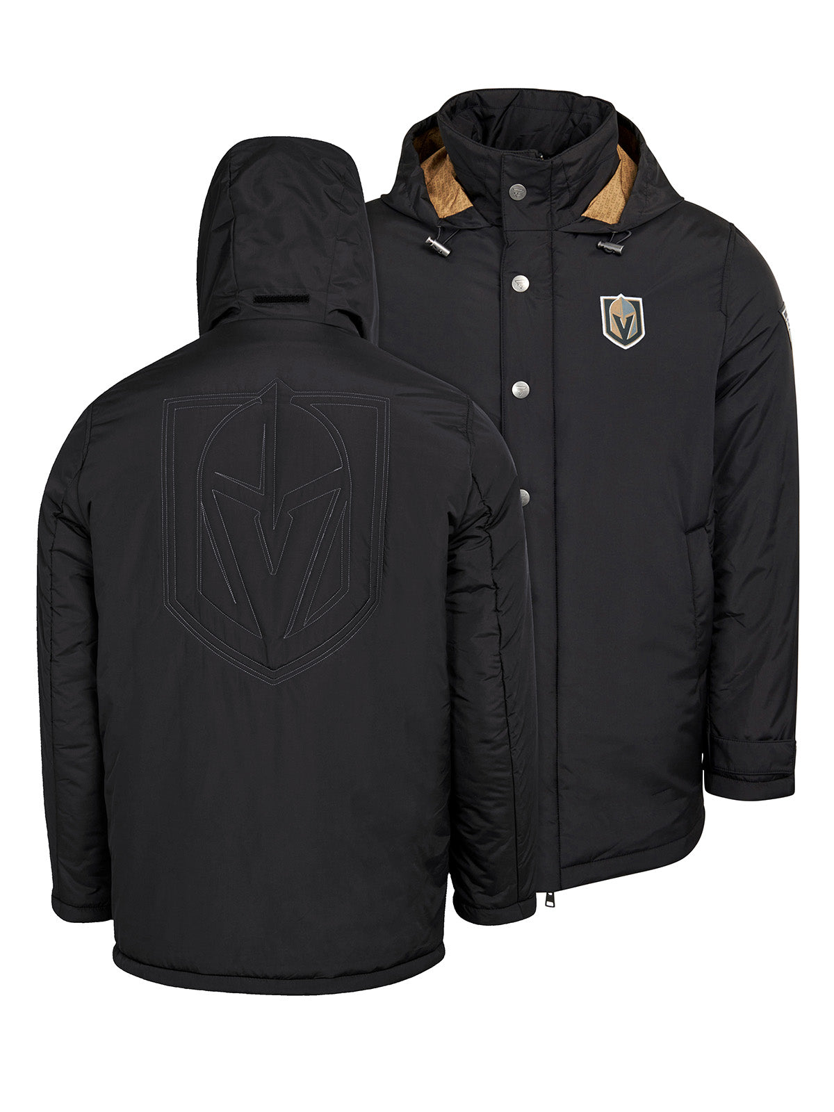 Vegas Golden Knights Coach's Jacket - The jacket features a quilted stitch of the Vegas Golden Knights logo centered on the back and has a removal hood in the team colors, elevating this NHL hockey clothing collection